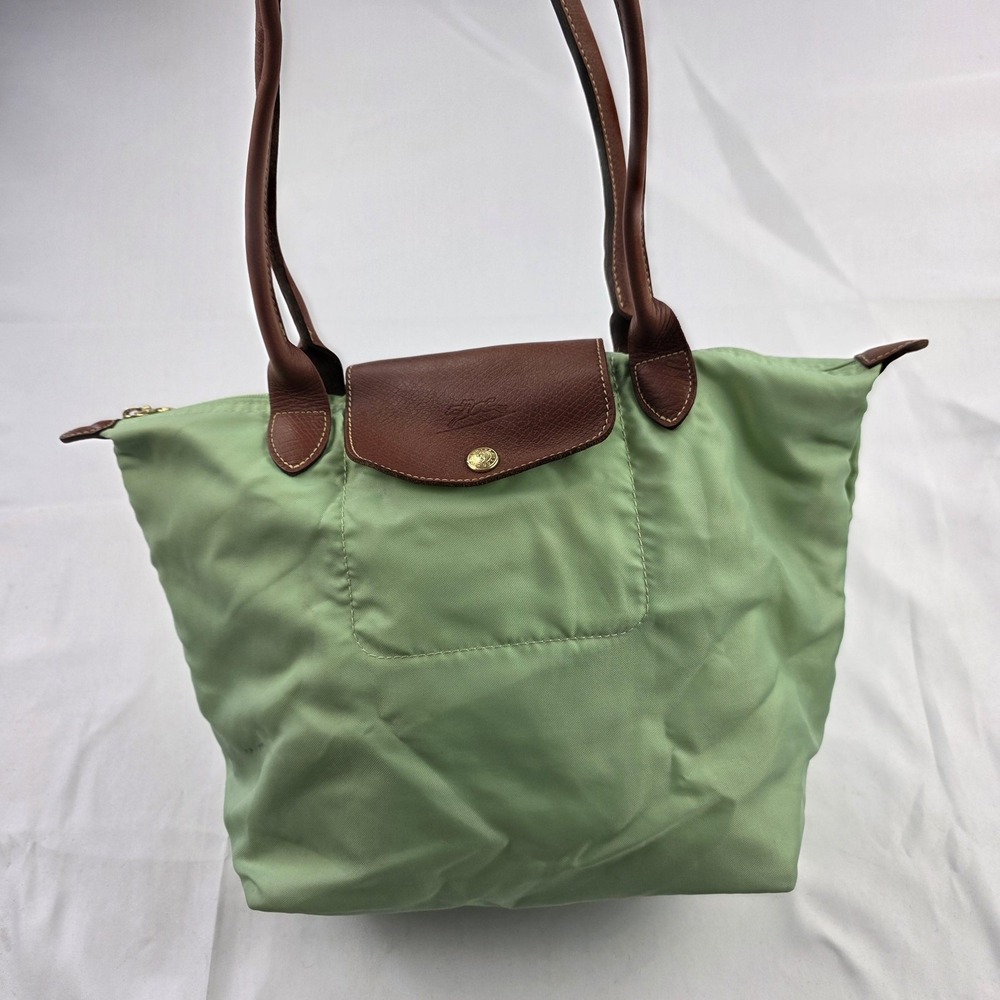 Longchamp Le Pliage Tote Bag Womens Medium Green Nylon Leather Shoulder Purse